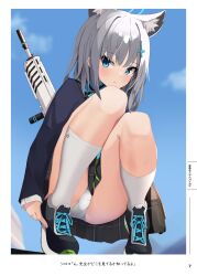 Rule 34 | 1girl, absurdres, akinoji (akiponpon27), animal ear fluff, blue archive, blue sky, blush, extra ears, grey hair, highres, long sleeves, looking at viewer, outdoors, panties, pantyshot, plaid, plaid skirt, school uniform, shiroko (blue archive), shoes, skirt, sky, sneakers, solo, squatting, translation request, underwear, weapon, weapon behind back, white panties, wolf