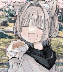 Rule 34 | 1girl, :d, animal ear fluff, animal ears, blush, cat ears, cat girl, closed eyes, commentary, day, dot nose, facing viewer, food, grass, grey hair, hair intakes, hand up, highres, holding, holding food, hood, hood down, hooded jacket, jacket, long bangs, long sleeves, napkin, open mouth, original, outdoors, portrait, sandwich, sidelocks, smile, solo, symbol-only commentary, tree, uo yuo, white jacket