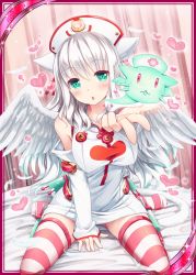 Rule 34 | 1girl, :3, :o, akkijin, angel wings, animal ears, bare shoulders, bed, between legs, blowing kiss, blush, border, breasts, card (medium), cat ears, cat tail, catcine (shinkai no valkyrie), curtains, detached sleeves, dress, feathers, foreshortening, full body, game cg, green eyes, hand between legs, hat, heart, indoors, large breasts, long hair, looking at viewer, nurse, nurse cap, official art, on bed, open mouth, outstretched arm, paw print, red thighhighs, shinkai no valkyrie, short dress, sitting, sleeves past wrists, solo, sparkle, spread legs, striped clothes, striped thighhighs, syringe, tail, thighhighs, underwear, very long hair, wariza, white hair, white thighhighs, wings, zettai ryouiki