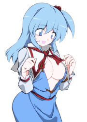 Rule 34 | 1girl, :d, alice margatroid, alice margatroid (cosplay), alternate costume, ascot, bad id, bad pixiv id, blue dress, blue eyes, blue hair, breasts, bursting breasts, capelet, center opening, cleavage, cosplay, dress, embarrassed, female focus, fuantei, hair bobbles, hair ornament, hip focus, large breasts, looking down, matching hair/eyes, mystic square, nervous, no bra, open clothes, open mouth, open shirt, picmin, ribbon, shinki (touhou), shirt, side ponytail, simple background, smile, solo, sweatdrop, touhou, touhou (pc-98), wardrobe malfunction, white background