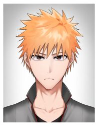 Rule 34 | 1boy, bleach, border, brown eyes, close-up, closed mouth, collarbone, commentary request, eyebrows hidden by hair, frown, grey background, grey jacket, gwao ( ul 13), hair between eyes, highres, jacket, korean commentary, kurosaki ichigo, looking at viewer, orange hair, portrait, school uniform, short hair, simple background, solo, spiked hair, straight-on, tsurime, upturned eyes, white border