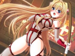 Rule 34 | 1girl, blonde hair, blue eyes, blush, bodysuit, bokken, breasts, crown, covered erect nipples, fingerless gloves, fishnet bodysuit, fishnets, game cg, gloves, harness, hat, inda no himekishi janne, inda no himekishi jeanne, jeanne grenoble, kamei, large breasts, leather, long hair, maebari, one-piece swimsuit, revealing clothes, solo, strap, strap teddy, swimsuit, sword, thighhighs, tiara, weapon, wooden sword