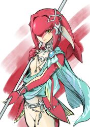 Rule 34 | 1girl, aono shimo, bad id, bad twitter id, blush, breasts, colored skin, fins, fish girl, hair ornament, highres, jewelry, long hair, looking at viewer, mipha, monster girl, multicolored skin, nintendo, no eyebrows, red hair, red skin, smile, solo, the legend of zelda, the legend of zelda: breath of the wild, yellow eyes, zora