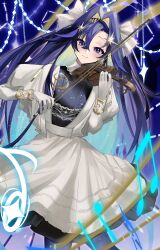 Rule 34 | 1girl, absurdres, bow (music), closed mouth, commentary request, cowboy shot, dress, eighth note, gloves, hair intakes, highres, hzulip, instrument, juliet sleeves, long hair, long sleeves, multicolored clothes, multicolored dress, music, musical note, playing instrument, puffy sleeves, purple background, purple dress, purple eyes, purple hair, reverse:1999, smile, solo, star (symbol), violin, voyager (reverse:1999), white dress, white gloves