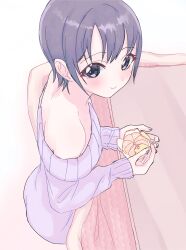 Rule 34 | 1girl, absurdres, ass, bare shoulders, blush, breasts, dress, food, fruit, grey hair, highres, holding, holding food, holding fruit, idolmaster, idolmaster cinderella girls, kanipoposu, kotatsu, looking at viewer, looking to the side, mandarin orange, off-shoulder sweater, off shoulder, otokura yuuki, purple sweater, short hair, sitting, smile, solo, sweater, table