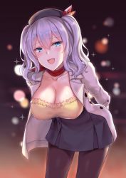 Rule 34 | 1girl, :d, beret, black hat, black pantyhose, black skirt, blue eyes, breasts, buttons, cai geng, collarbone, hair between eyes, hat, jacket, kantai collection, kashima (kancolle), large breasts, long hair, long sleeves, open mouth, pantyhose, silver hair, skirt, smile, solo, two side up, white jacket