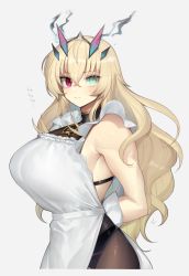 Rule 34 | 1girl, apron, bare shoulders, biceps, blonde hair, breasts, brown pantyhose, cowboy shot, barghest (fate), fate/grand order, fate (series), green eyes, heterochromia, horns, huge breasts, looking at viewer, muscular, muscular female, pantyhose, pelvic curtain, red eyes, solo, tall female, tan (inka)