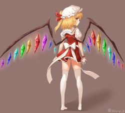 Rule 34 | 1girl, absurdres, ass, blonde hair, cho hyang, flandre scarlet, full body, highres, long hair, looking at viewer, looking back, no shoes, panties, pantyshot, red eyes, simple background, skirt, solo, standing, thighhighs, touhou, underwear, white panties, white thighhighs, wings, wrist cuffs