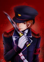 Rule 34 | 1boy, 2013, absurdres, armband, belt, brown hair, dated, gintama, gloves, hat, hat over one eye, heavenlove, highres, holding, holding sword, holding weapon, licking, licking blade, licking weapon, looking at viewer, male focus, military, military hat, military uniform, okita sougo, red background, red eyes, signature, smile, solo, sword, tongue, tongue out, uniform, upper body, weapon, white gloves