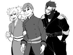 Rule 34 | 1girl, 2boys, aged up, bakapandy, belt, brother and sister, brothers, eyeliner, facial mark, hands in pockets, japanese clothes, kankuro, makeup, monochrome, multiple boys, naruto (series), nervous smile, patting back, short hair, siblings, smile, spiked hair, temari (naruto), twintails, white background