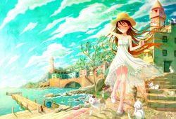 Rule 34 | 1girl, ^ ^, brown hair, cat, dress, closed eyes, hat, legs, long hair, original, pavelnedved11, pier, shoes, sky, smile, solo, too many, too many cats, tree, water