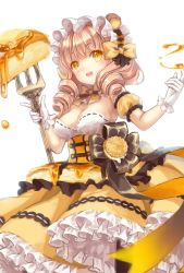 Rule 34 | 1girl, blush, breasts, brown hair, cleavage, drill hair, food, fork, gloves, highres, holding, holding fork, large breasts, looking at viewer, medium hair, original, pancake, parted lips, personification, sketch, smile, solo, white gloves, yellow eyes, yumeichigo alice
