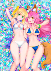 Rule 34 | 10s, 2girls, animal ears, armpits, arms up, artoria pendragon (all), artoria pendragon (fate), artoria pendragon (swimsuit archer) (fate), artoria pendragon (swimsuit archer) (first ascension) (fate), bikini, blonde hair, blue bikini, breasts, cleavage, collarbone, criss-cross halter, fate/extra, fate/grand order, fate/stay night, fate (series), fox ears, fox tail, gift card, green eyes, hair between eyes, halterneck, holding hands, interlocked fingers, large breasts, long hair, looking at viewer, lying, medium breasts, micro bikini, midriff, multiple girls, navel, on back, parted lips, saber (fate), shirotsumekusa, side-tie bikini bottom, sideboob, stomach, swimsuit, tail, tamamo (fate), tamamo no mae (fate/extra), tamamo no mae (swimsuit lancer) (fate), thighs, underboob, water gun, white bikini, yellow eyes