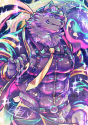 1boy abs animal_ears bara bathym_(housamo) black_hat claws commentary_request eyewear_on_headwear furry furry_male hat highres looking_at_viewer male_focus muscular muscular_male necktie pectorals sharp_teeth smile tail teeth tokyo_houkago_summoners twitter_username watermark wolf_boy wolf_ears wolf_tail yellow_necktie zinpati