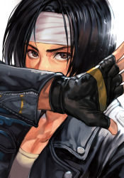 Rule 34 | 1boy, black hair, black jacket, brown eyes, collarbone, covered mouth, fingerless gloves, gloves, headband, hungry clicker, jacket, kusanagi kyou, leather, leather jacket, male focus, open clothes, open jacket, shirt, short hair, snk, solo, the king of fighters, the king of fighters xv, white headband, white shirt, zipper