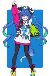 Rule 34 | 1girl, @ @, absurdres, ahoge, animal ears, aqua hair, arm up, black leggings, black nails, blue background, blue eyes, blue hair, boots, border, bow, clenched hand, commentary, crossed bangs, drawstring, full body, hair between eyes, hair bow, hand on own hip, heterochromia, highres, hood, hoodie, horse ears, horse girl, horse tail, leggings, legs apart, long hair, long sleeves, mrqpqy, multicolored clothes, multicolored hair, multicolored hoodie, nail polish, open mouth, outside border, purple eyes, raised fist, sharp teeth, sidelocks, solo, standing, striped bow, stuffed animal, stuffed rabbit, stuffed toy, tail, teeth, twin turbo (umamusume), twintails, two-tone hair, umamusume, upper teeth only, very long hair, white border, yellow footwear