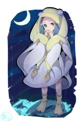 Rule 34 | 1girl, animal hood, border, comic, crescent moon, duel monster, ghost mourner &amp; moonlit chill, grass, green eyes, green hair, hands up, highres, hood, long hair, long sleeves, mochi curry, moon, night, night sky, outdoors, rabbit hood, sky, socks, solo, tearing up, white border, yellow hood, yu-gi-oh!