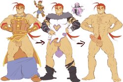 Rule 34 | 1boy, abs, bara, blank eyes, bulge, chest hair, chibi, completely nude, cosplay, cosplay request, eoleo (golden sun), erection, erection under clothes, full body, golden sun, golden sun: dark dawn, hairy, hands on own hips, headband, highres, large pectorals, long hair, male focus, male pubic hair, multiple views, muscular, navel, nipples, nude, orange hair, orange pubic hair, pectorals, penis, piikeisandaa, ponytail, pubic hair, sketch, thick thighs, thighs, uncensored, undressing
