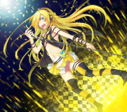 Rule 34 | 1girl, bad id, bad pixiv id, blonde hair, blue eyes, boots, cable, cd, checkered floor, collar, floor, headphones, legs, lily (vocaloid), long hair, microphone, microphone stand, music, navel, open mouth, renta, renta (deja-vu), singing, skirt, solo, thigh boots, thighhighs, vocaloid, zettai ryouiki