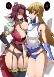 Rule 34 | 2girls, alternate breast size, anger vein, animahakim, bare legs, bare shoulders, black gloves, black panties, black thighhighs, blonde hair, blue gloves, blue panties, blue skirt, breast press, breasts, brown eyes, choker, cleavage, closed mouth, collarbone, crossover, dress, duel academy uniform (yu-gi-oh! gx), eye contact, forehead, garter straps, gloves, hair between eyes, hand on another&#039;s hip, hand on own hip, huge breasts, izayoi aki, jewelry, lace, lace-trimmed panties, lace trim, large breasts, legs together, long hair, looking at another, multiple girls, necklace, panties, pointy nose, puffy short sleeves, puffy sleeves, red choker, red dress, red eyes, red hair, shaded face, short sleeves, simple background, skirt, sleeveless, smile, speech bubble, standing, tenjouin asuka, thigh gap, thighhighs, underwear, white background, yu-gi-oh!, yu-gi-oh! 5d&#039;s, yu-gi-oh! gx