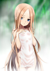 Rule 34 | 1girl, :o, abigail williams (fate), blue eyes, blurry, blurry background, blush, breasts, collarbone, commentary request, covering privates, cowboy shot, depth of field, eyes visible through hair, fate/grand order, fate (series), forehead, hand in own hair, hand up, head tilt, isse, light brown hair, long hair, looking at viewer, nude cover, parted bangs, parted lips, small breasts, solo, thigh gap, towel, very long hair, wet, wet towel