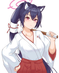 Rule 34 | 1girl, absurdres, animal ear fluff, animal ears, black hair, blue archive, blush, cat ears, chopin oekaki, commentary request, hair between eyes, hakama, hand on own hip, highres, japanese clothes, kimono, long hair, long sleeves, looking at viewer, ponytail, purple eyes, serika (blue archive), serika (new year) (blue archive), smile, solo, upper body, white kimono