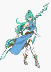 Rule 34 | 1girl, absurdres, alternate costume, bare shoulders, belt, blue dress, blue fox (aoba), blush, boots, breasts, dress, elbow gloves, female focus, gem, gloves, green eyes, green hair, hair ornament, highres, holding, holding sword, holding weapon, jewelry, large breasts, long hair, matching hair/eyes, nintendo, pants, pneuma (xenoblade), ponytail, smile, spoilers, swept bangs, sword, tiara, weapon, xenoblade chronicles (series), xenoblade chronicles 2