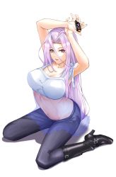 Rule 34 | 1girl, absurdres, armpits, arms up, boots, breasts, fuuto tantei, gaia memory, highres, holding, kamen rider, kamen rider w, kepra iii, kneeling, large breasts, long hair, looking at viewer, midriff, pants, parted lips, pink hair, purple eyes, see-through, shadow, simple background, sports bra, thigh boots, tokime (fuuto tantei), white background