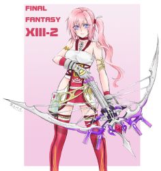 Rule 34 | 10s, 1girl, armlet, asymmetrical hair, bare shoulders, belt pouch, bow (weapon), copyright name, dress, final fantasy, final fantasy xiii, final fantasy xiii-2, gloves, jewelry, long hair, necklace, pink hair, pouch, purple eyes, red thighhighs, serah farron, shinzui (fantasysky7), side ponytail, solo, thighhighs, weapon, zettai ryouiki