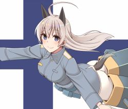 Rule 34 | 1girl, ahoge, animal ears, ass, blue eyes, blush, breasts, closed mouth, eila ilmatar juutilainen, finnish flag, flying, fox ears, fox tail, large breasts, long hair, looking at viewer, military, military uniform, momiji7728, outstretched arms, pantyhose, simple background, smile, solo, spread arms, strike witches, striker unit, tail, uniform, white hair, white pantyhose, world witches series