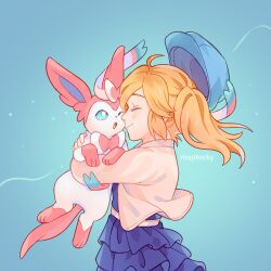 Rule 34 | 1girl, artist name, blonde hair, blue background, blue dress, blue headwear, closed eyes, closed mouth, commentary, creature, creatures (company), dokibird (vtuber), dress, english commentary, from side, game freak, gen 6 pokemon, hat, holding, holding creature, holding pokemon, indie virtual youtuber, layered dress, long hair, mootecky, nintendo, pokemon, pokemon (creature), profile, simple background, smile, sylveon, unworn headwear, upper body, virtual youtuber