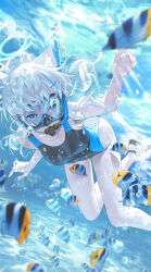 Rule 34 | 1girl, absurdres, animal ears, bare arms, bare legs, bare shoulders, blue archive, blue eyes, breasts, bubble, caustics, choppy bangs, cropped legs, cross hair ornament, diving mask, fish, fox ears, goggles, grey hair, hair ornament, halo, highres, long hair, medium breasts, official alternate costume, shiroko (blue archive), shiroko (swimsuit) (blue archive), sidelocks, snorkel, solo, swimming, swimsuit, ttk (kirinottk), underwater, water, wolf ears