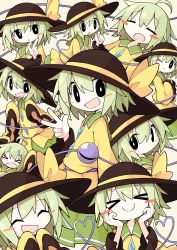 Rule 34 | &gt; &lt;, 1girl, absurdres, ahoge, asameshi, black eyes, black headwear, blush stickers, bright pupils, green hair, hand up, hat, hat ribbon, heart, heart of string, highres, komeiji koishi, long sleeves, looking at viewer, multiple views, open mouth, ribbon, shirt, smile, third eye, touhou, upper body, w, wide sleeves, yellow ribbon, yellow shirt