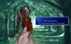 Rule 34 | 1girl, aerith gainsborough, arms behind back, braid, character name, choker, cropped jacket, dialogue box, dress, final fantasy, final fantasy vii, final fantasy vii remake, forest, green eyes, hair ribbon, highres, jacket, jewelry, long hair, looking back, nature, necklace, parted bangs, pink dress, pink ribbon, red jacket, ribbon, sidelocks, sleeping forest, smile, solo, square enix, tree, upper body, wavy hair