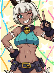 Rule 34 | 1girl, absurdres, bare shoulders, belt, belt pouch, blue eyes, bob cut, breasts, cat girl, collar, confetti, crop top, dark-skinned female, dark skin, facing viewer, fang, fingerless gloves, gloves, grin, groin, hamu agaki, hand on own hip, highres, looking at viewer, medium breasts, midriff, ms. fortune (skullgirls), navel, neck bell, one eye closed, pouch, scar, short hair, skullgirls, smile, solo, star (symbol), streamers, underboob, v, white hair, yellow background