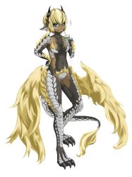 Rule 34 | 1girl, blonde hair, blue eyes, claws, commentary request, cup, dark skin, dark-skinned female, dragon girl, dragon horns, dragon tail, dragon wings, drinking, drinking straw, full body, fur, highres, hitokuirou, horns, original, scales, short hair, smile, solo, spines, tail, white background, wings