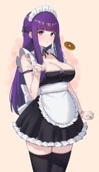 Rule 34 | 1girl, :t, alternate costume, apron, blush, breasts, chen yang yang, cleavage, closed mouth, enmaided, fern (sousou no frieren), frilled apron, frills, highres, large breasts, long hair, maid, maid apron, maid headdress, pout, purple eyes, purple hair, sidelocks, solo, sousou no frieren, straight hair, white apron