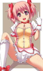 Rule 34 | 10s, 1girl, bitaraga, bow, breasts, choker, cleavage, gloves, hair bow, jewelry, kaname madoka, kneehighs, mahou shoujo madoka magica, mahou shoujo madoka magica (anime), middle finger, open mouth, pendant, pink eyes, pink hair, puffy sleeves, short hair, short twintails, sitting, skirt, socks, solo, spread legs, twintails