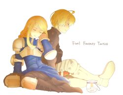 Rule 34 | 1boy, 1girl, agrias oaks, ahoge, arm armor, armor, blonde hair, braid, brown footwear, brown pants, candle, closed eyes, copyright name, couple, final fantasy, final fantasy tactics, full body, hand on own head, hetero, knee pads, looking ahead, mochi-and-mochi, on floor, pants, ramza beoulve, shoulder armor, shoulder spikes, single braid, sitting, spiked footwear, spikes, white background, white footwear