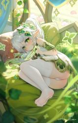 Rule 34 | 1girl, absurdres, ass, blush, commentary, dress, feet, genshin impact, green eyes, hair between eyes, highres, looking at viewer, lying, meisansan, multicolored hair, nahida (genshin impact), on side, panties, pointy ears, restrained, see-through, see-through legwear, side ponytail, soles, streaked hair, string, symbol-only commentary, symbol-shaped pupils, thighhighs, thighs, toes, underwear, white dress, white hair, white panties, white thighhighs