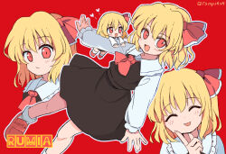 Rule 34 | 1girl, ascot, black skirt, black vest, blonde hair, blush, character name, closed eyes, closed mouth, collared shirt, hair ribbon, heart, index finger raised, long sleeves, multiple views, open mouth, ramudia (lamyun), red ascot, red background, red eyes, red ribbon, ribbon, rumia, shirt, short hair, simple background, skirt, smile, tongue, tongue out, touhou, twitter username, vest, white shirt