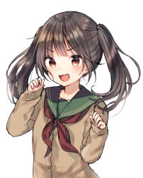 Rule 34 | 1girl, :d, black hair, blush, brown cardigan, brown eyes, cardigan, commentary request, fang, green sailor collar, hands up, long hair, long sleeves, midorikawa you, neckerchief, open mouth, original, red neckerchief, sailor collar, school uniform, serafuku, simple background, skin fang, sleeves past wrists, smile, solo, twintails, twintails day, upper body, v-shaped eyebrows, white background