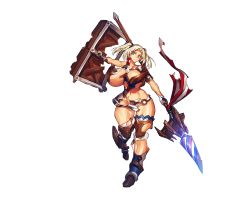 Rule 34 | 1girl, blonde hair, blue eyes, boots, breasts, broken, broken weapon, closed mouth, dress, feet, female focus, full body, game cg, gauntlets, gloves, hand up, head tilt, holding, holding lance, holding polearm, holding weapon, huge breasts, lance, large weapon, legs, looking at viewer, melon22, no bra, no panties, original, polearm, shield, solo, standing, thigh boots, thighhighs, thighs, torn clothes, transparent background, twintails, weapon, zettai ryouiki