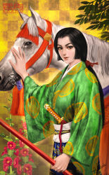 Rule 34 | 1girl, black hair, brown eyes, checkered background, crest, family crest, flower, green kimono, hair tie, hand on another&#039;s head, highres, holding, horse, japanese clothes, kimono, komatsuhime, obi, original, real life, sash, sengoku gallery, simple background, sword, weapon