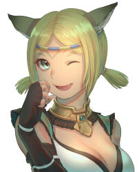 Rule 34 | 1girl, 2022, ;d, animal ear fluff, animal ears, artist name, adventurer (ff11), black gloves, blonde hair, blue eyes, breasts, cactus41747280, cat ears, cat girl, circlet, cleavage, elbow gloves, fang, final fantasy, final fantasy xi, fingerless gloves, gloves, highres, medium breasts, mithra (ff11), no eyebrows, one eye closed, open mouth, parted bangs, short hair, short twintails, simple background, smile, solo, twintails, upper body, white background