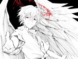 Rule 34 | 1boy, ain 53only, angel boy, black background, collared shirt, halo, highres, looking at viewer, male focus, monochrome, nagisa kaworu, neon genesis evangelion, red eyes, red halo, shirt, solo, wings