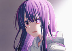 Rule 34 | 1girl, absurdres, aro 1801, blush, commentary, gradient background, hair between eyes, highres, hood, hoodie, hoshino ai (oshi no ko), long hair, looking at viewer, mismatched pupils, multicolored hair, open mouth, oshi no ko, pink hair, purple eyes, purple hair, shade, sidelighting, sidelocks, solo, star-shaped pupils, star (symbol), streaked hair, symbol-shaped pupils, teeth, twitter username, upper body, upper teeth only, white hoodie