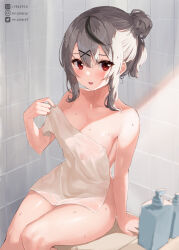 Rule 34 | 1girl, black hair, blush, breasts, cleavage, collarbone, covered navel, grey hair, hair between eyes, hair ornament, hololive, large breasts, looking at viewer, medium hair, mr.canaryy, multicolored hair, naked towel, open mouth, red eyes, sakamata chloe, see-through, sitting, solo, streaked hair, towel, virtual youtuber, wet, x hair ornament