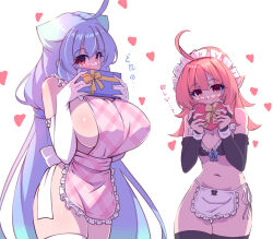 Rule 34 | 2girls, absurdres, apron, black thighhighs, blue hair, bra, breasts, cleavage, elbow gloves, gloves, heart, highres, jojo (qiu bowen), large breasts, long hair, looking at viewer, maid, multiple girls, naked apron, navel, orange eyes, original, pink hair, pointy ears, red eyes, simple background, thighhighs, underwear, valentine, very long hair, white background, white thighhighs