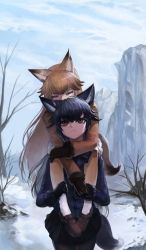 Rule 34 | 10s, 2girls, :3, animal ears, bad id, bad pixiv id, bare tree, black gloves, black hair, black pantyhose, black skirt, brown eyes, brown gloves, brown hair, carrying, closed eyes, coat, commentary request, dokomon, ezo red fox (kemono friends), fox ears, fox tail, fur-trimmed sleeves, fur trim, gloves, gradient legwear, highres, kemono friends, long hair, long sleeves, mountain, multicolored clothes, multicolored legwear, multiple girls, nature, outdoors, pantyhose, shoes, shoulder carry, silver fox (kemono friends), skirt, tail, tree, very long hair, white skirt, winter